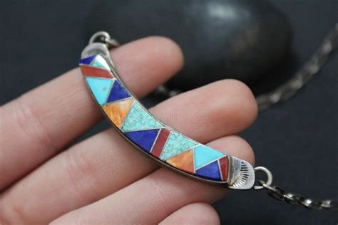 Sterling Silver Native American Zuni Inlay Necklace Turquoise Inlay