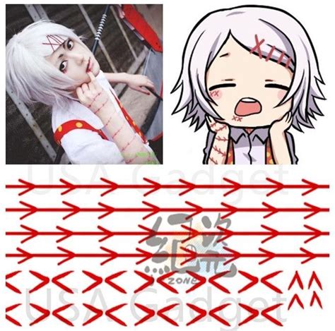 22 Tokyo Ghoul Suzuya Juzo Short White Wig Hair Red Clips Tattoo