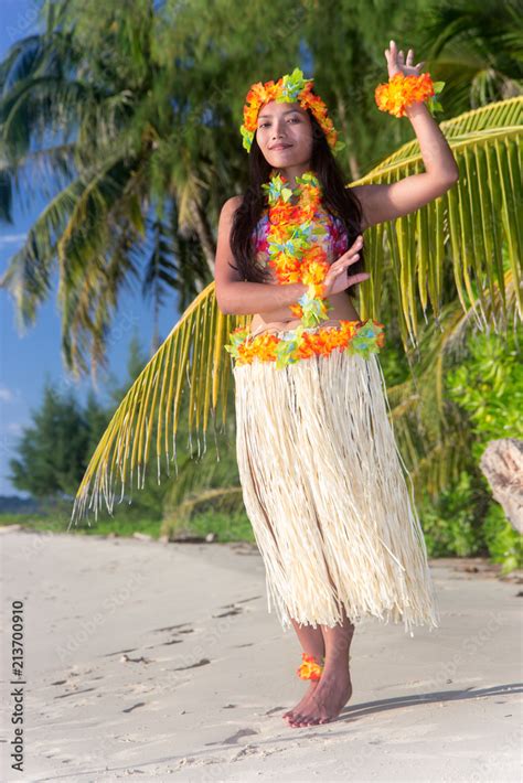 Hula Hawaii Dancer Dancing On The Beach With Palms Trees Ethnic Woman