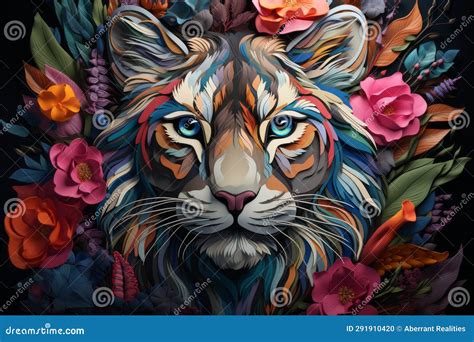 An Illustration Of A Tiger Surrounded By Flowers Stock Illustration