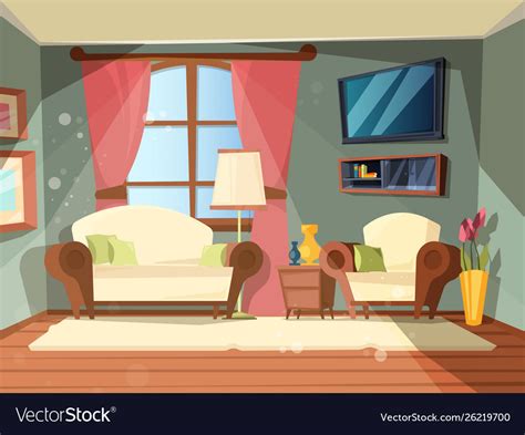 Front view from sofa to tv set, vinyl player. Luxury room premium interior living room Vector Image