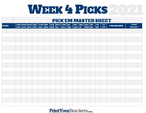 Nfl Week 4 Picks Master Sheet Grid 2021