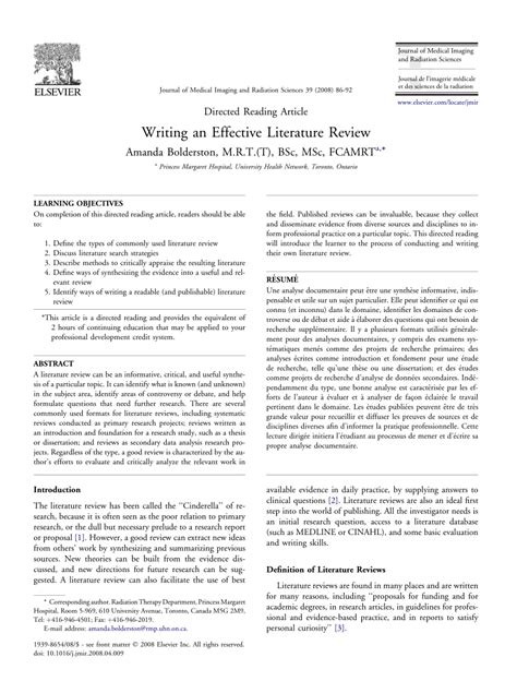 If not already assigned by a professor, one is faced with the task of culling a myriad of sources to select a suitable article. (PDF) Writing an Effective Literature Review