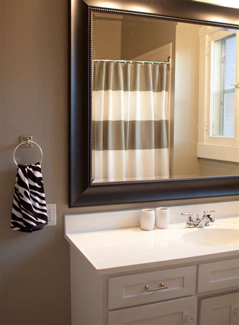 Don't miss the curtain call on. Grey and white bathroom with horizontal striped shower ...