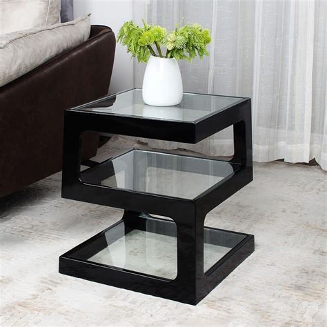 Black Modern Unique Square Side Table Storage End Table With Shelf 3