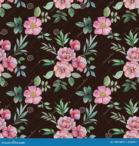 Seamless Watercolor Pattern Illustration Of Flowers And Leaves Stock