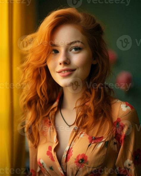 Portrait Of A Beautiful Redhead Girl With Long Red Hair Generative Ai