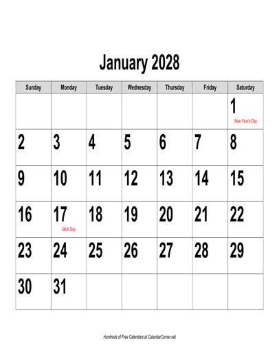 Free 2028 Large Number Calendar Landscape With Holidays