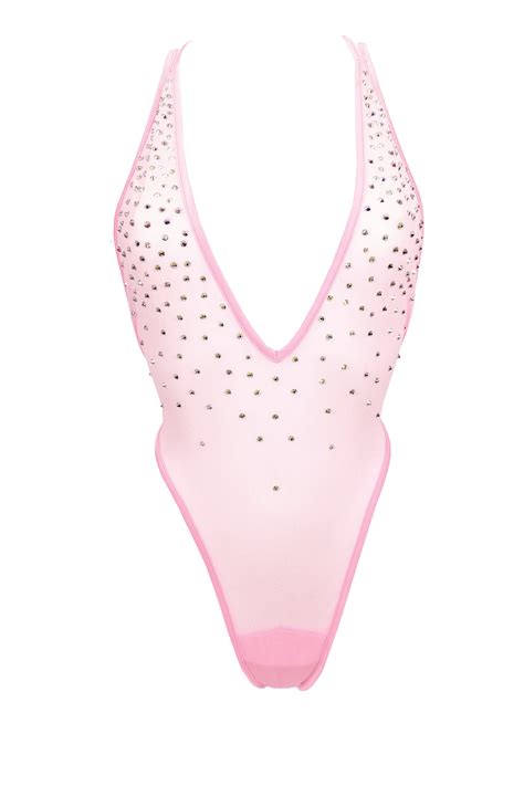 Skinny Crystal Bodysuit Sexy Lingerie Tulle Mesh Neon Pink Exes
