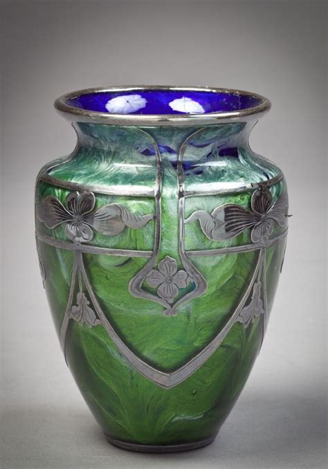 Loetz Loetz Glass Vase With Sterling Silver Overlay Circa 1900 Pink Vase Green Vase Art
