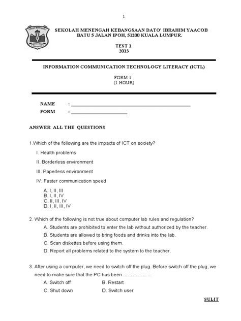 Ictl Form 1 Test 1 Electronic Engineering Computer Hardware Free