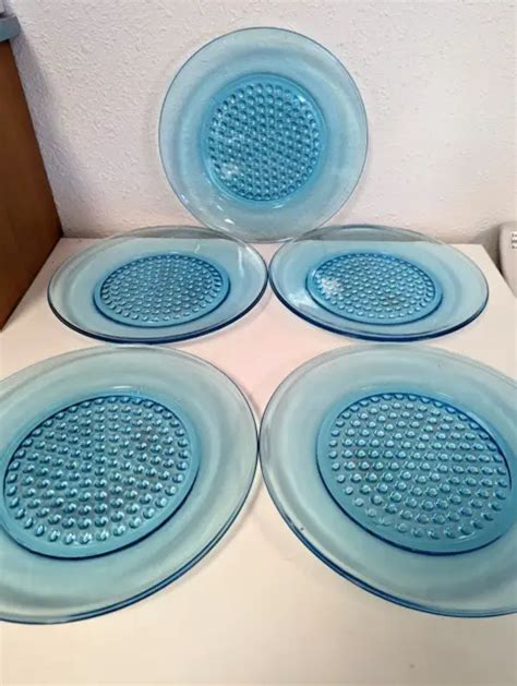 Vintage S Hazel Atlas Capri Blue Hobnail Center Plates Set Of
