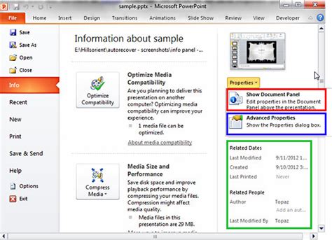 Advanced Presentation Properties In Powerpoint 2010 For Windows