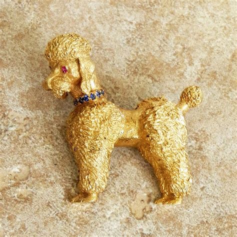 Vintage 14k Gold Poodle Pin With Rubies And Sapphires Gold Dog Pin 14