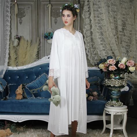 2 Pics Inner Dress Robe Long Cotton Nightgown Dress Set Elegant