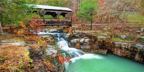 Ponca Arkansas Covered Bridge Falls In Autumn Panorama Photograph By