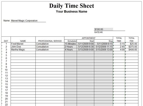 Daily Timesheet Template Free Daily Timesheet Template