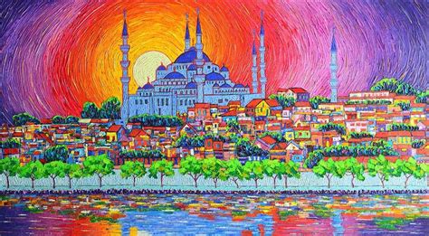 Istanbul Blue Mosque Sunset Modern Impressionist Palette Knife Oil