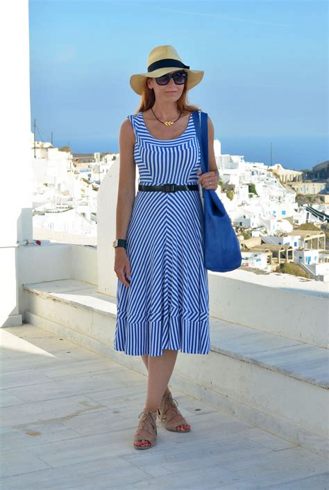 Blue And White Striped Midi Dress With Matching Greek Umbrellas Not Dressed As Lamb Vlrengbr