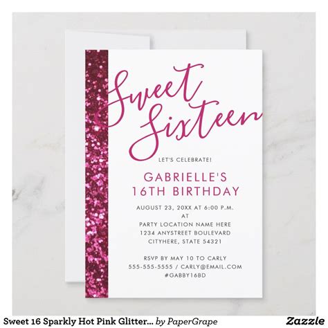 Sweet 16 Sparkly Hot Pink Glitter Glam Chic Announcement Zazzle