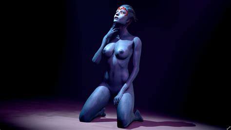 Rule 34 3d Alien Asari Blue Nipples Blue Skin Breasts Looking Up Mass Effect Nude On Knees