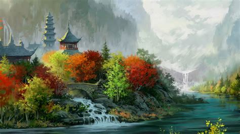 Wallpaper Trees Landscape Painting Forest Fall Leaves Waterfall