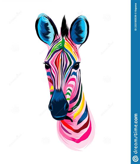 Zebra Head Portrait From Multicolored Paints Splash Of Watercolor