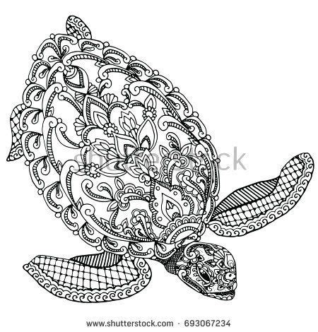Zentangle Doodle Patterned Fantasy Sea Turtle Design Black On White