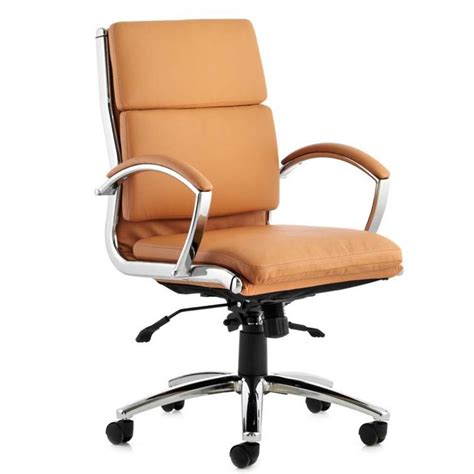 tan leather mid back executive office chair with contemporary chrome base