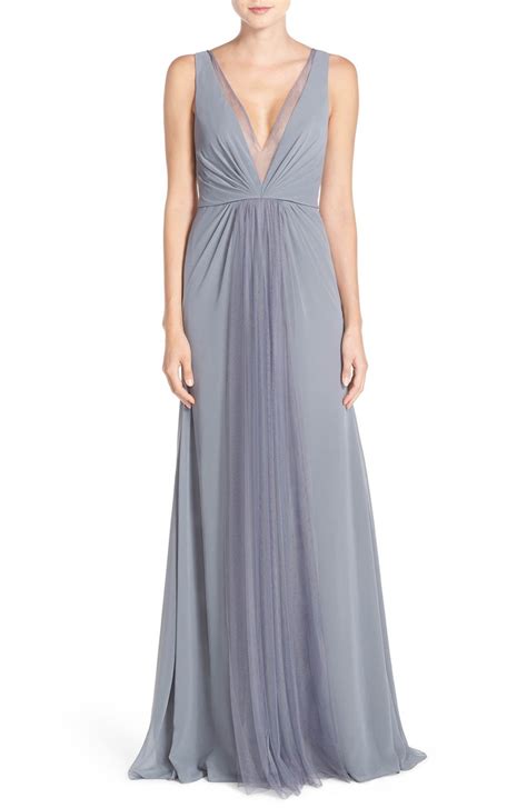 Monique Lhuillier Bridesmaids Deep V Neck Chiffon And Tulle Gown