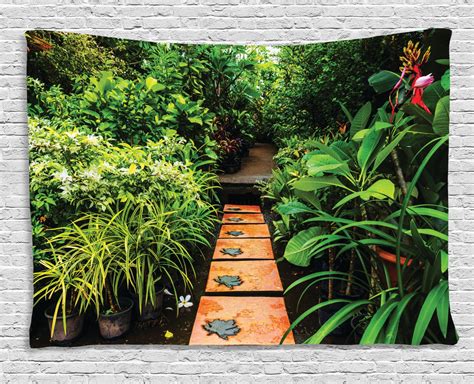 Zen Garden Tapestry Lush Garden With Tropical Plants And Wooden Path