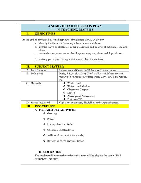 Semi Detailed Lesson Plan A Semi Detailed Lesson Plan In Teaching Mapeh I Objectives At