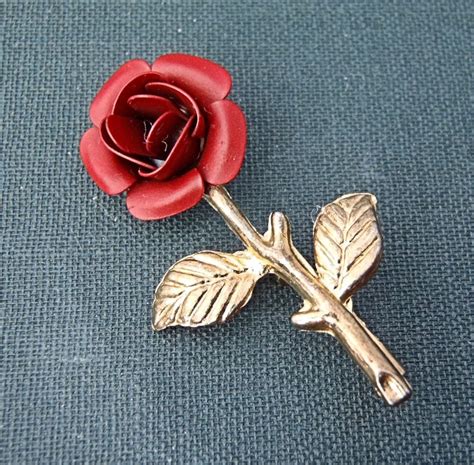 vintage red rose lapel pin gold toned metal with by treblethreads