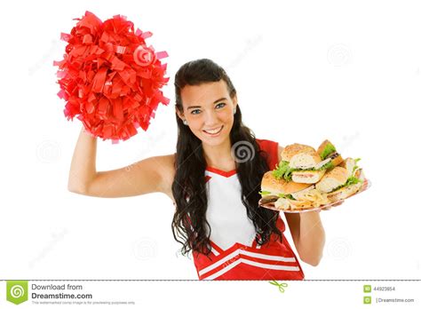 Cheerleader Halten Von Sandwichen Und Zujubeln Stockfoto Bild Von