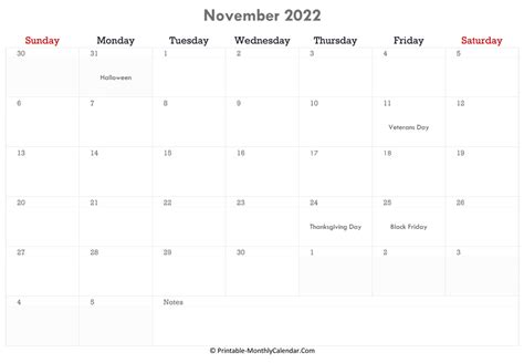 November 2022 Calendar Printable With Holidays