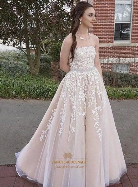 Princess Light Pink Strapless Beaded Prom Dress With Lace Applique
