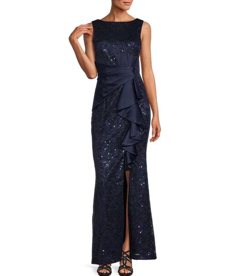 Eliza J Sequin Lace Boat Neck Sleeveless Ruffle Front Slit Gown Dillards