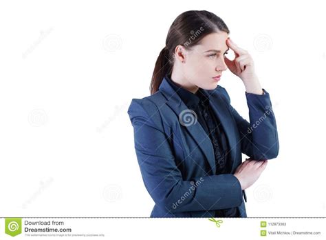 Thoughtful Business Woman With Hands Touching The Head Isolated Over