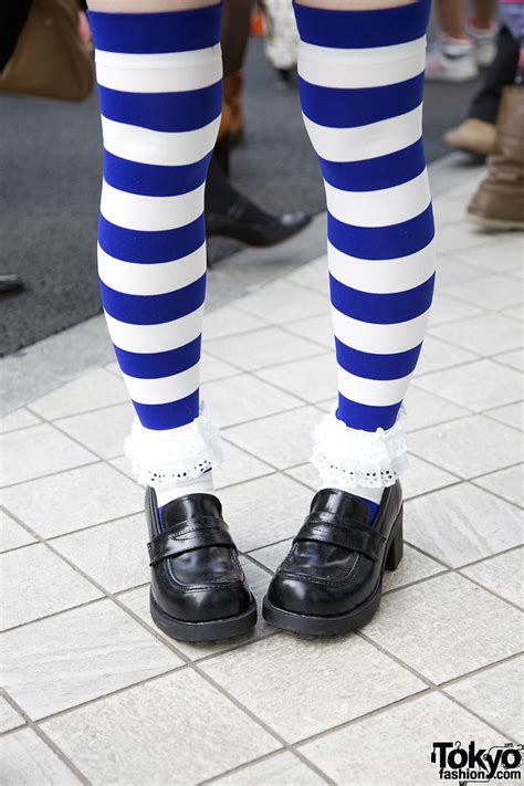 Too Cute Harajuku Girl In Glasses Blonde Bob Striped Socks