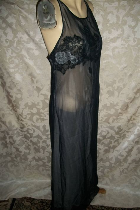 Vintage Victorias Secret Black Chiffon Nightgown Etsy