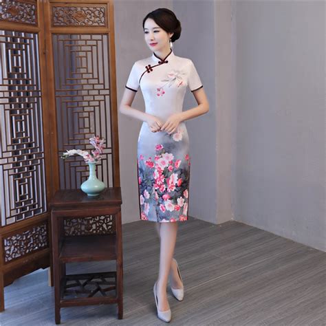 New Grayandwhite Sexy Satin Chinese Dress Lady Elegant Print Flower Tight