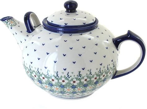Amazon Com Blue Rose Polish Pottery Green Daisy Large Teapot Teapots