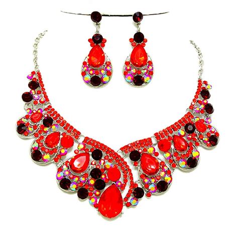 Affordable Wedding Jewelry Elegant Sexy Red Ab Crystal Statement Silver