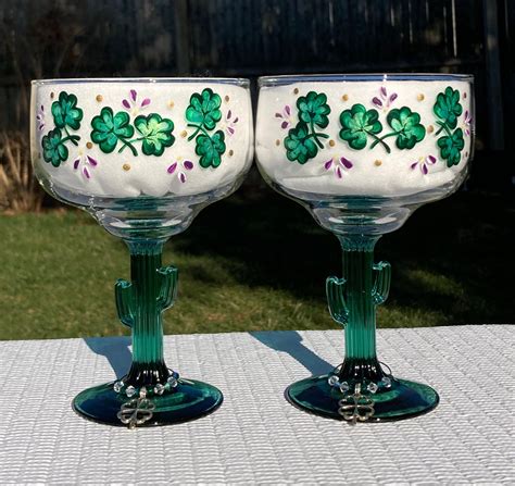 Margarita Glasses Cactus Stem Hand Painted Shamrocks Purple Etsy In 2021 Selling Handmade