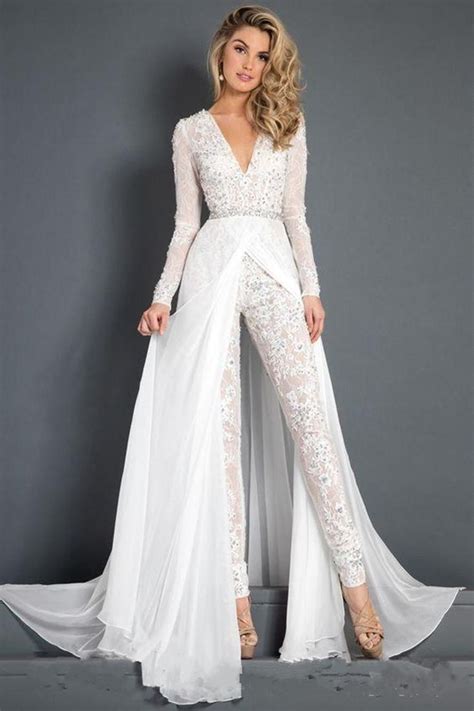 Another wedding gown featuring personalization options, bellamy is all about the lace, bell sleeves, and overskirt. Discount 2019 New Lace Chiffon Wedding Dress Jumpsuit With ...