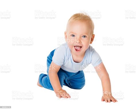 Baby Crawling Over White Background Happy Kid One Year Old Child Boy