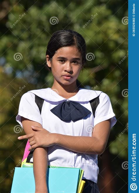 Shy Youthful Asian Person With Notebooks Stock Image Image Of Hesitant Modest 265529383