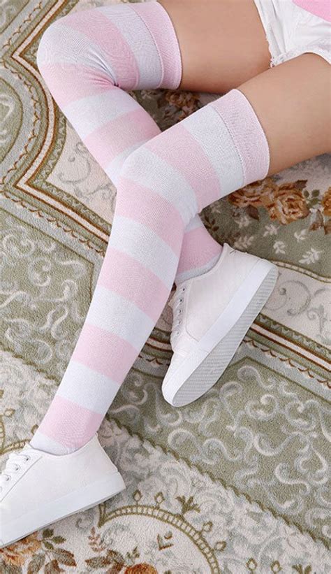 Pink Thigh High Socks White Thigh Highs Thigh Socks Opaque Stockings Knee High Stockings