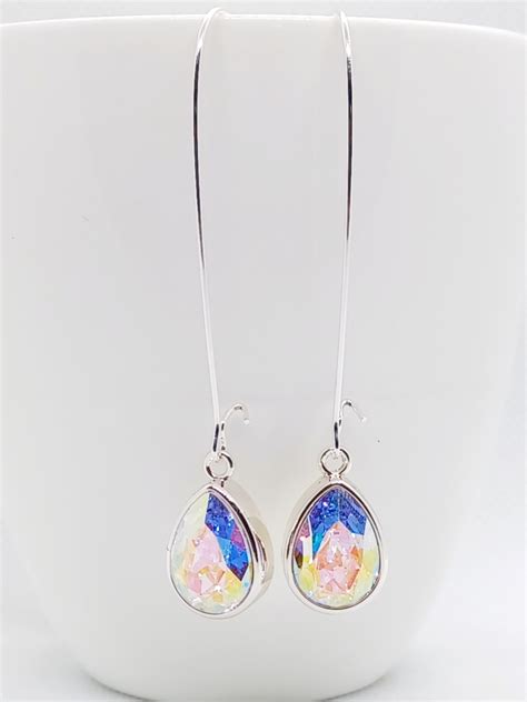 Long Lever Super Sparkly Clear Ab Teardrop Swarovski Crystal Earrings