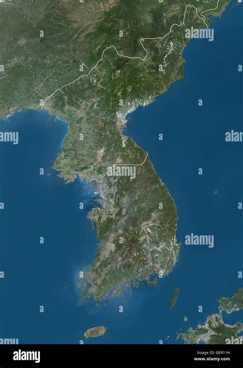 Satellite View Of North And South Korea With Country Boundaries Stock